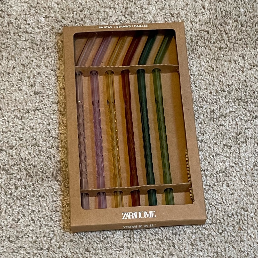 Zara Home glass straws new in box rainbow colors set with cleaning brush